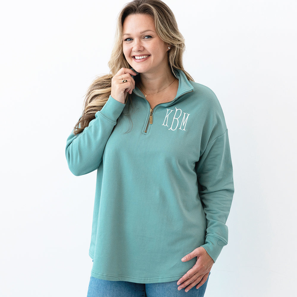 sage quarter zip sweatshirt on emily