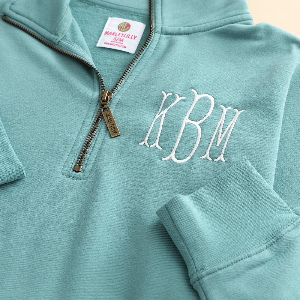 sage quarter zip sweatshirt up close