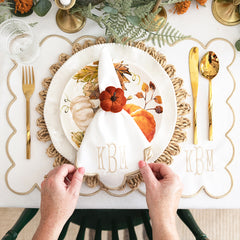 scalloped placemats and napkins in khaki with fall decor