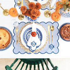 scalloped placemats and napkins in navy with fall decor