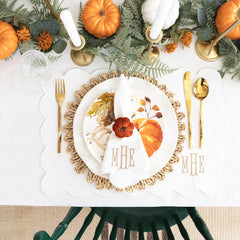 scalloped placemats and napkins in white with fall decor