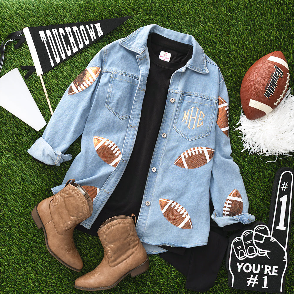 sequin denim shacket flatlay