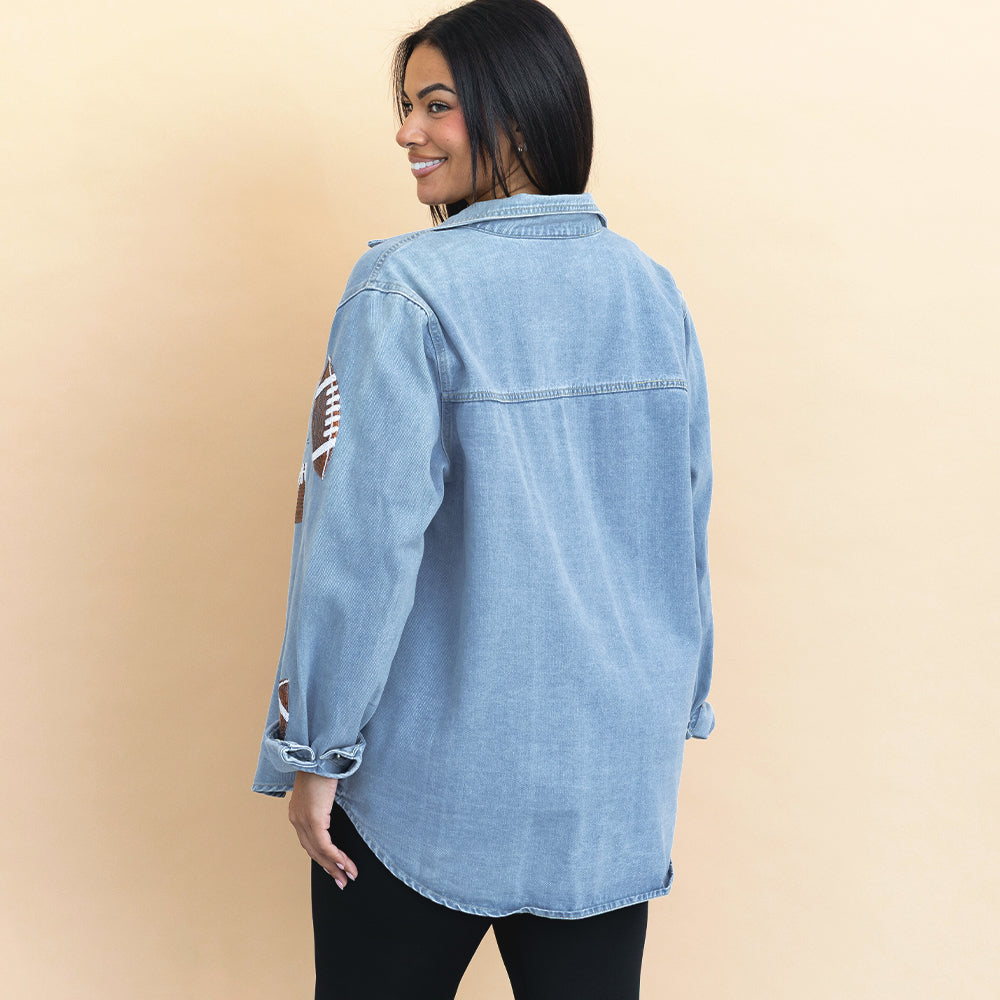 sequin denim shacket back view