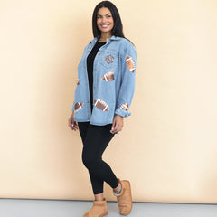 sequin denim shacket on julia ann studio shot with cognac monogram