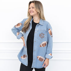 sequin denim shacket on emily with cognac monogram