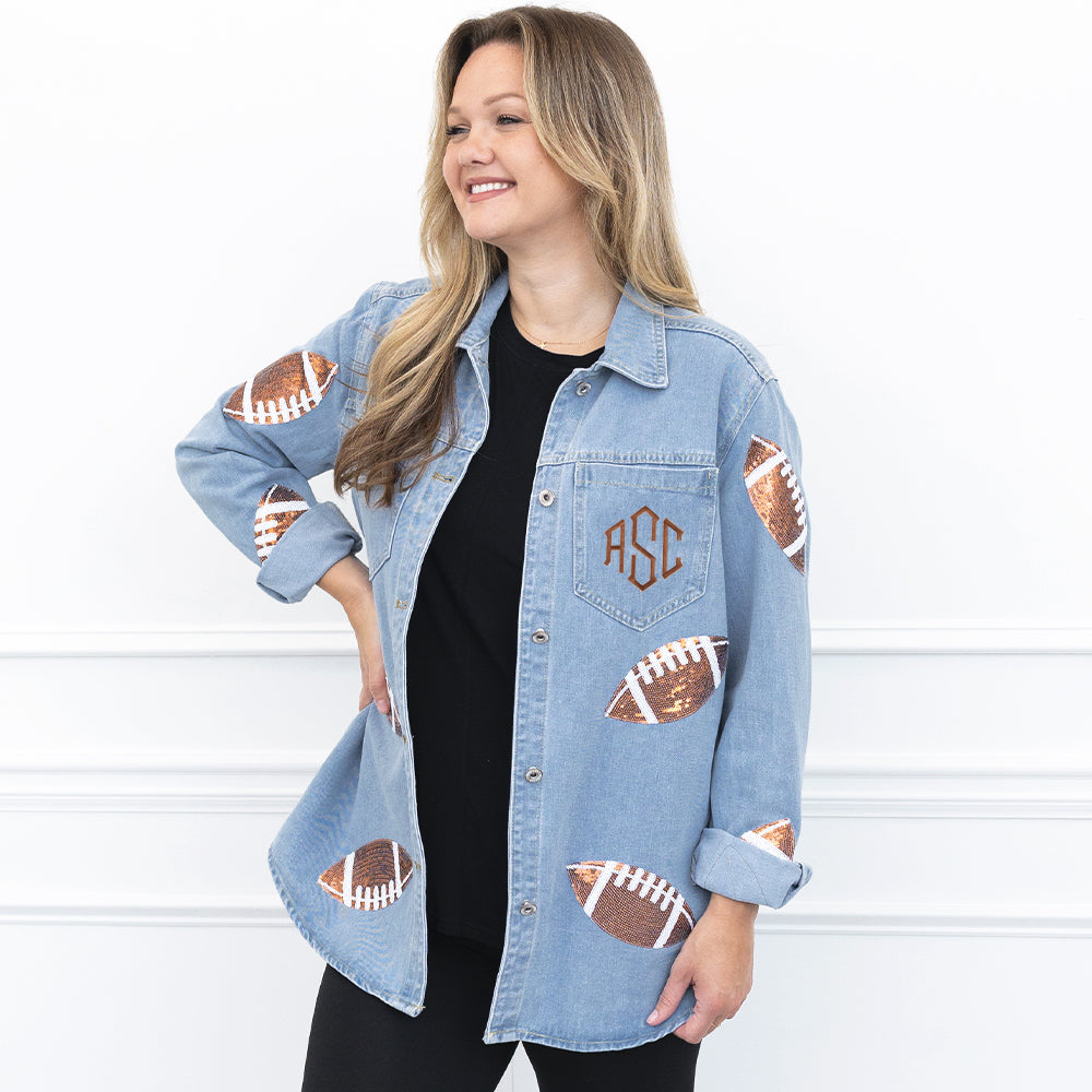 sequin denim shacket on emily with cognac monogram