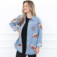sequin denim shacket on emily with cognac monogram