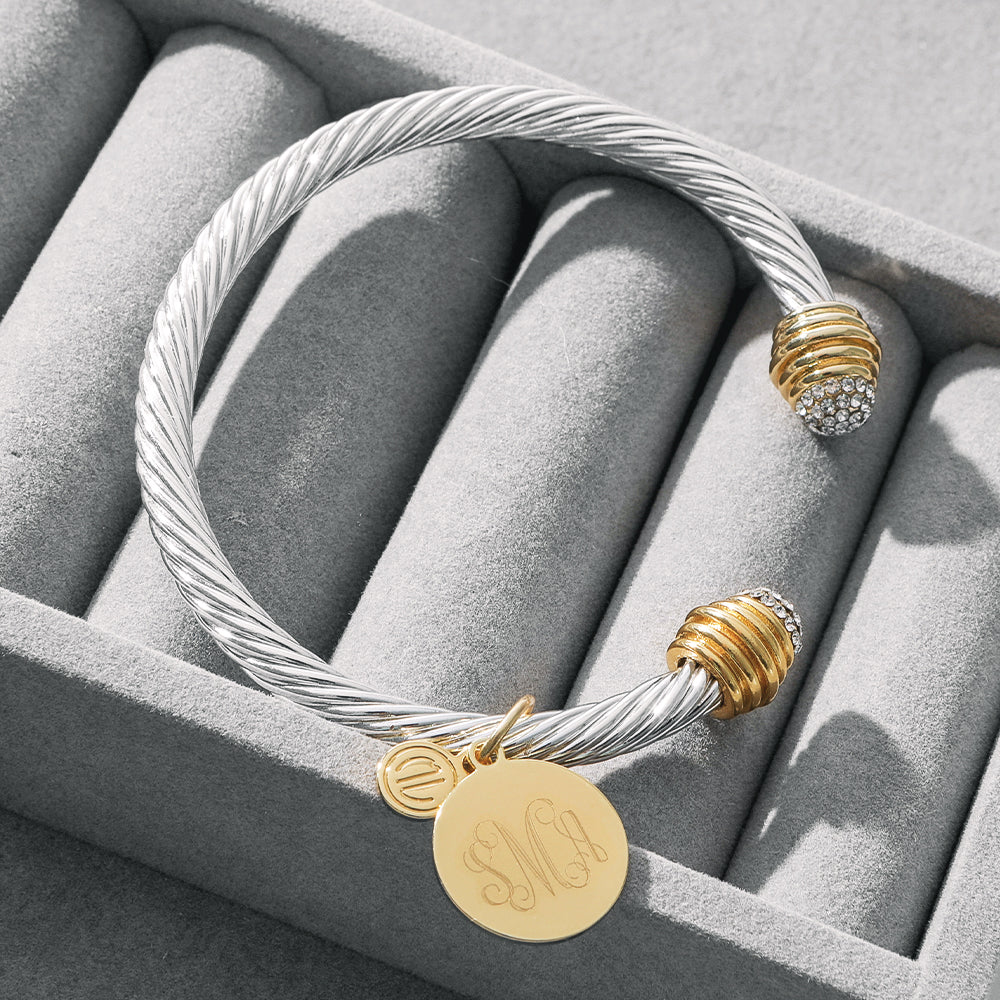 silver and gold personalized cable bracelet with rhinestones