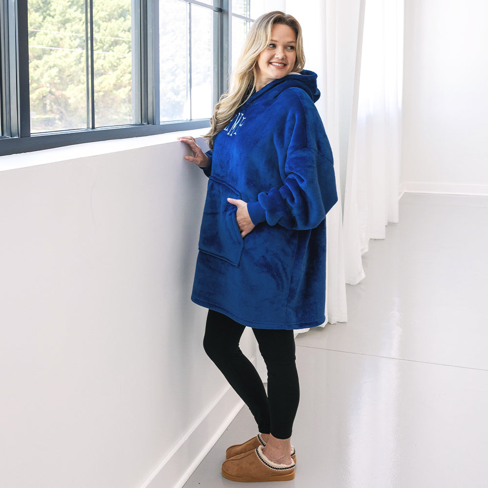 side of blue blanket hoodie 