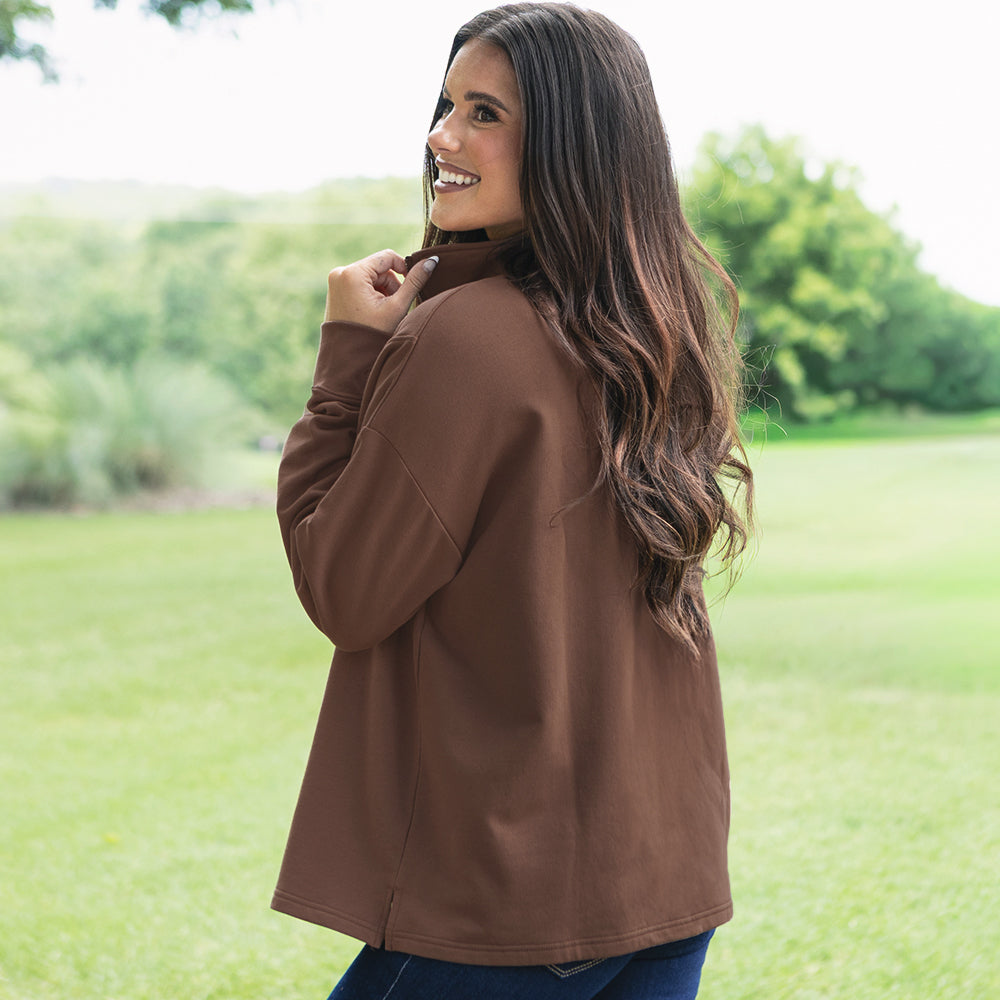 side of personalized collared half zip pullover in chocolate 