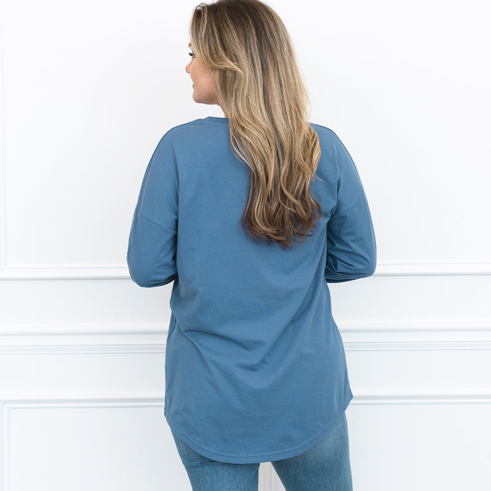 slate long sleeve shirt on emily back view
