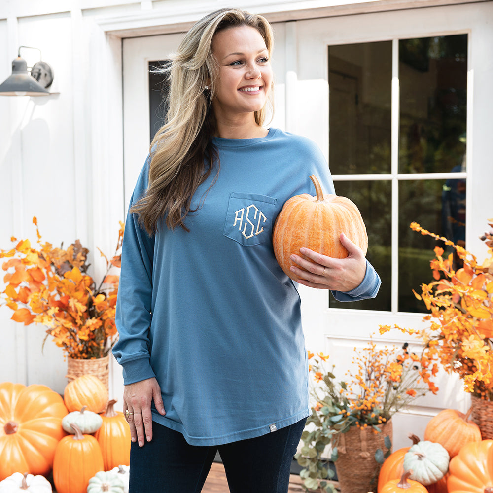 slate long sleeve shirt on emily