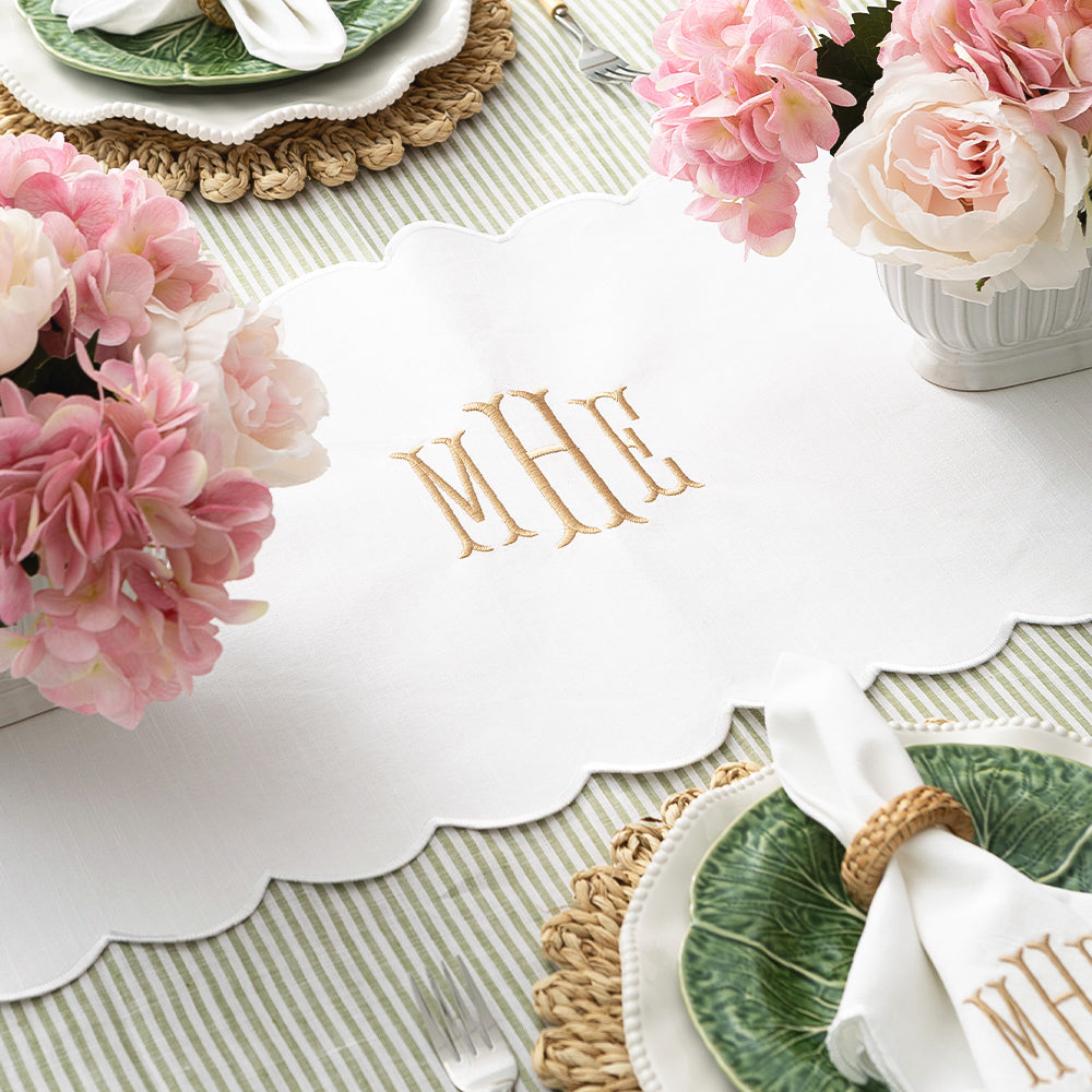 White scalloped table runner close up