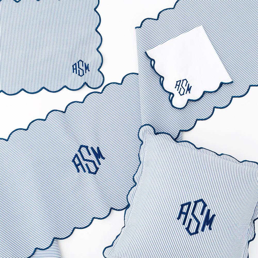 navy seersucker scalloped placemat with navy seersucker collection