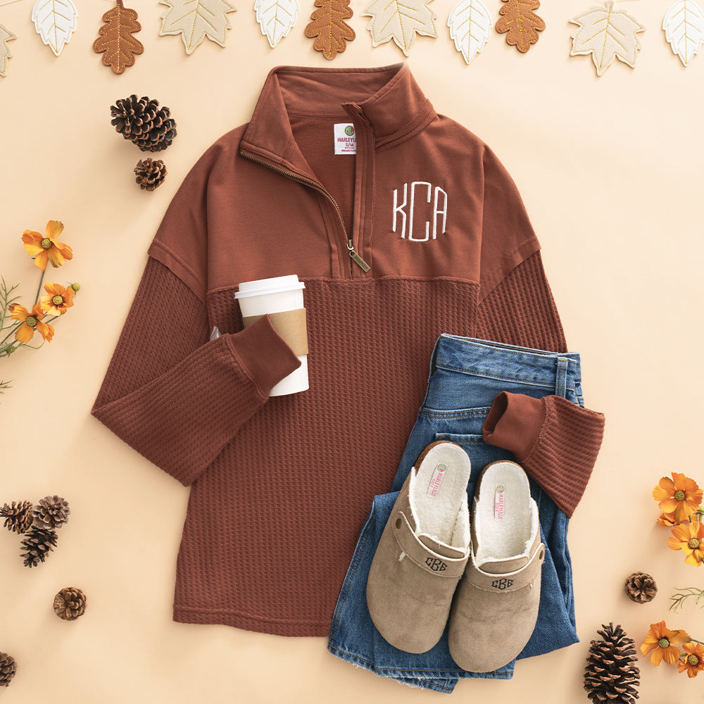 spice monogrammed waffle knit pullover ootd 