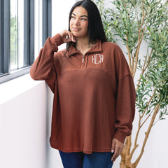 spice monogrammed waffle knit pullover with jeans 