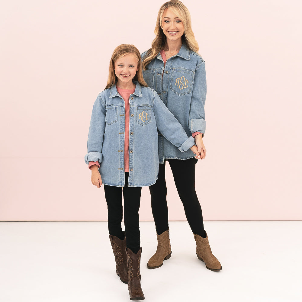 mom and me monogrammed denim shackets