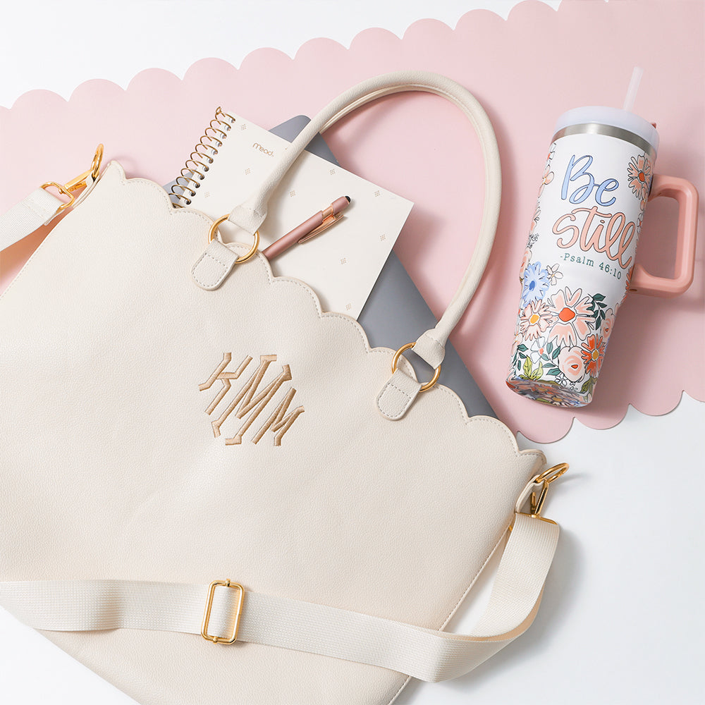 bone laptop tote bag flatlay