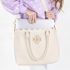 bone laptop tote bag on shoulder