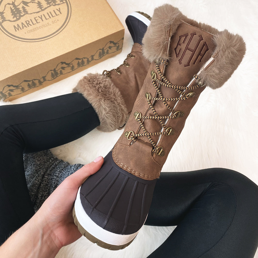 monogrammed winter snow duck boots selfie
