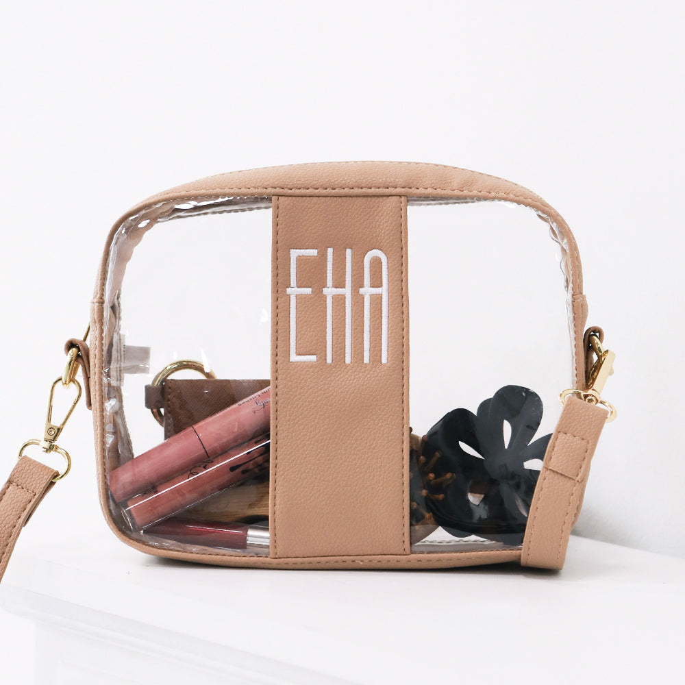 tan monogrammed clear stadium crossbody