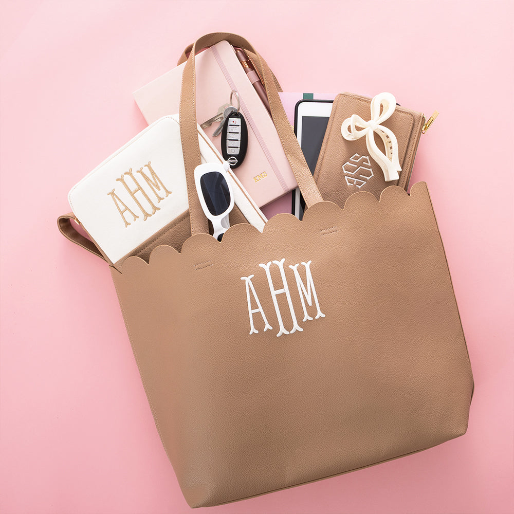 tan scallop tote bag spillshot with ivory tan bible carrier
