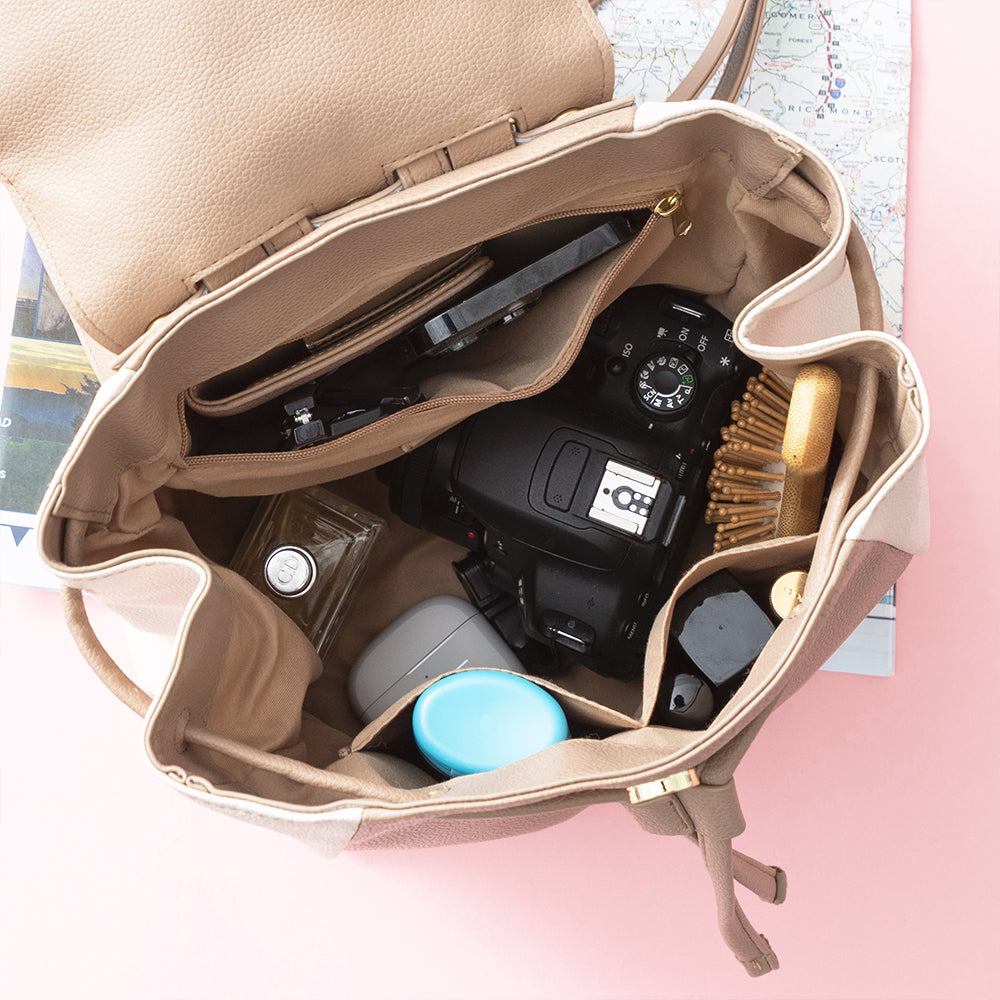 taupe backpack purse inside shot