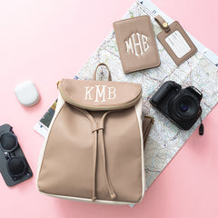 taupe backpack purse with travel set