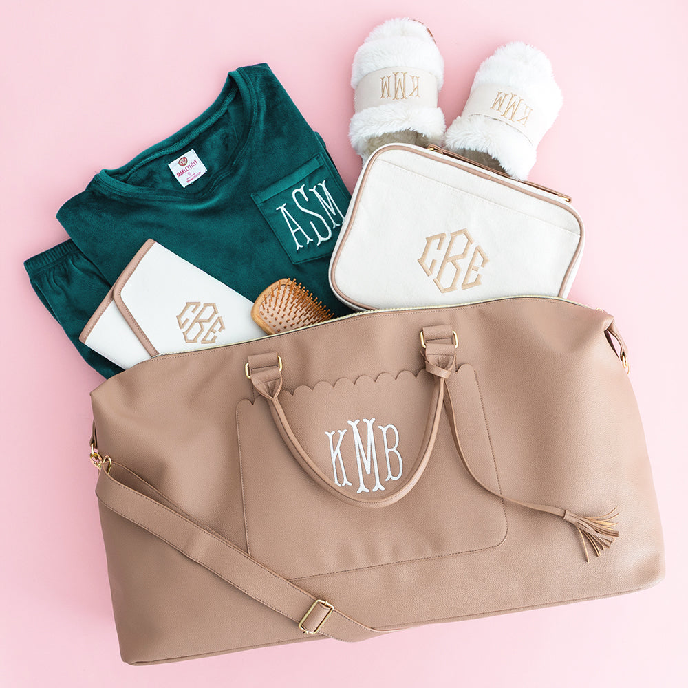 taupe classic scallop weekender flatlay