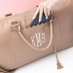taupe classic scallop weekender up close