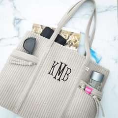taupe grey pocket tote bag flatlay