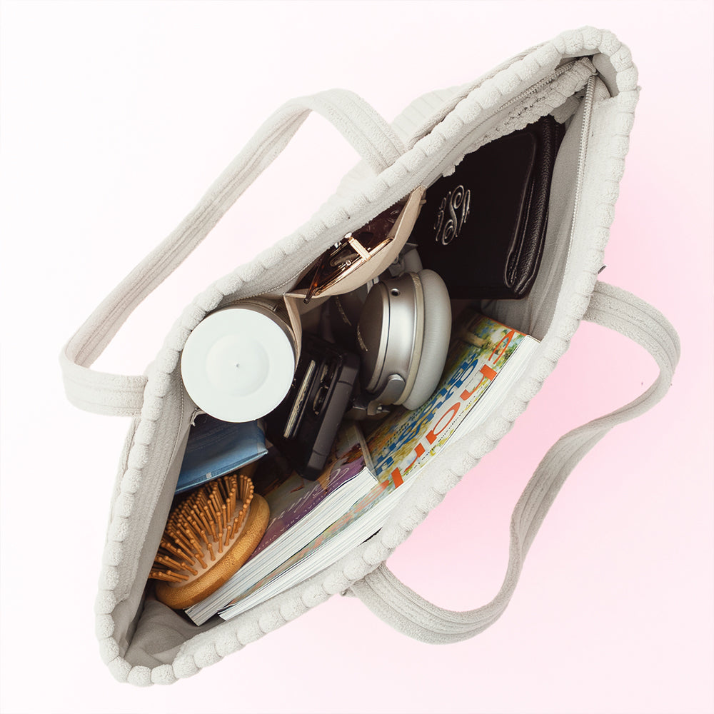 taupe grey pocket tote bag inside shot