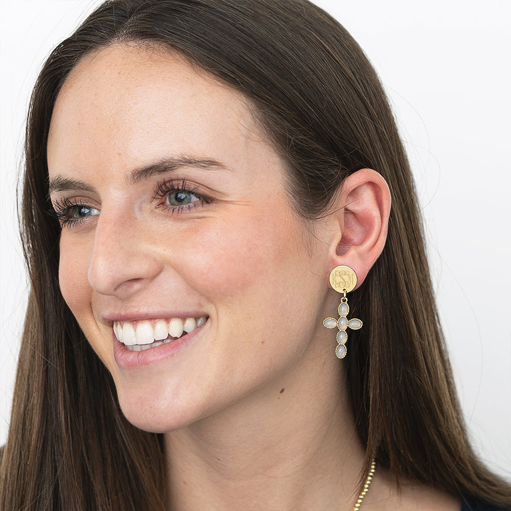 taupe monogrammed cross earrings on anna