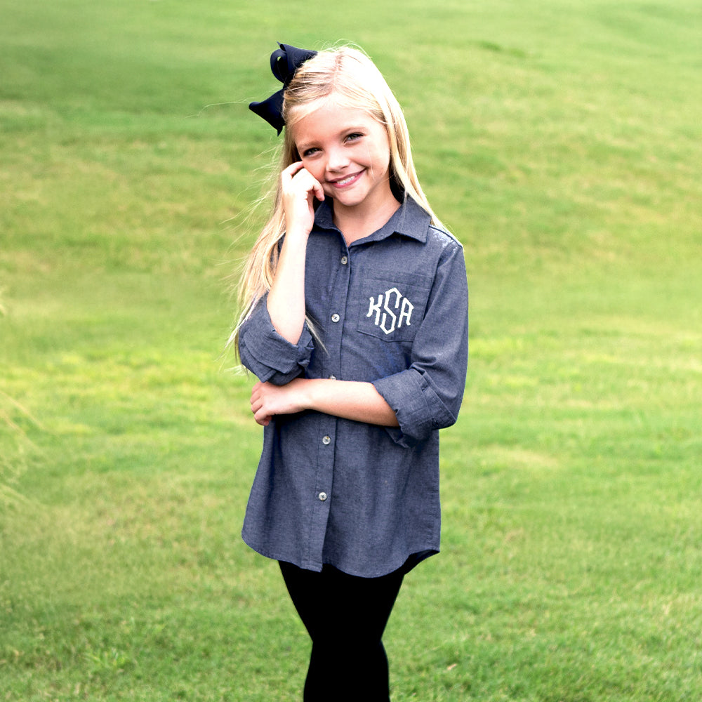 chambray button down on girl with hair bow