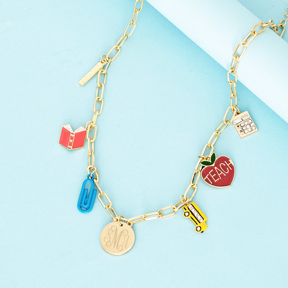 Monogrammed Teacher Charm Necklace | Gold