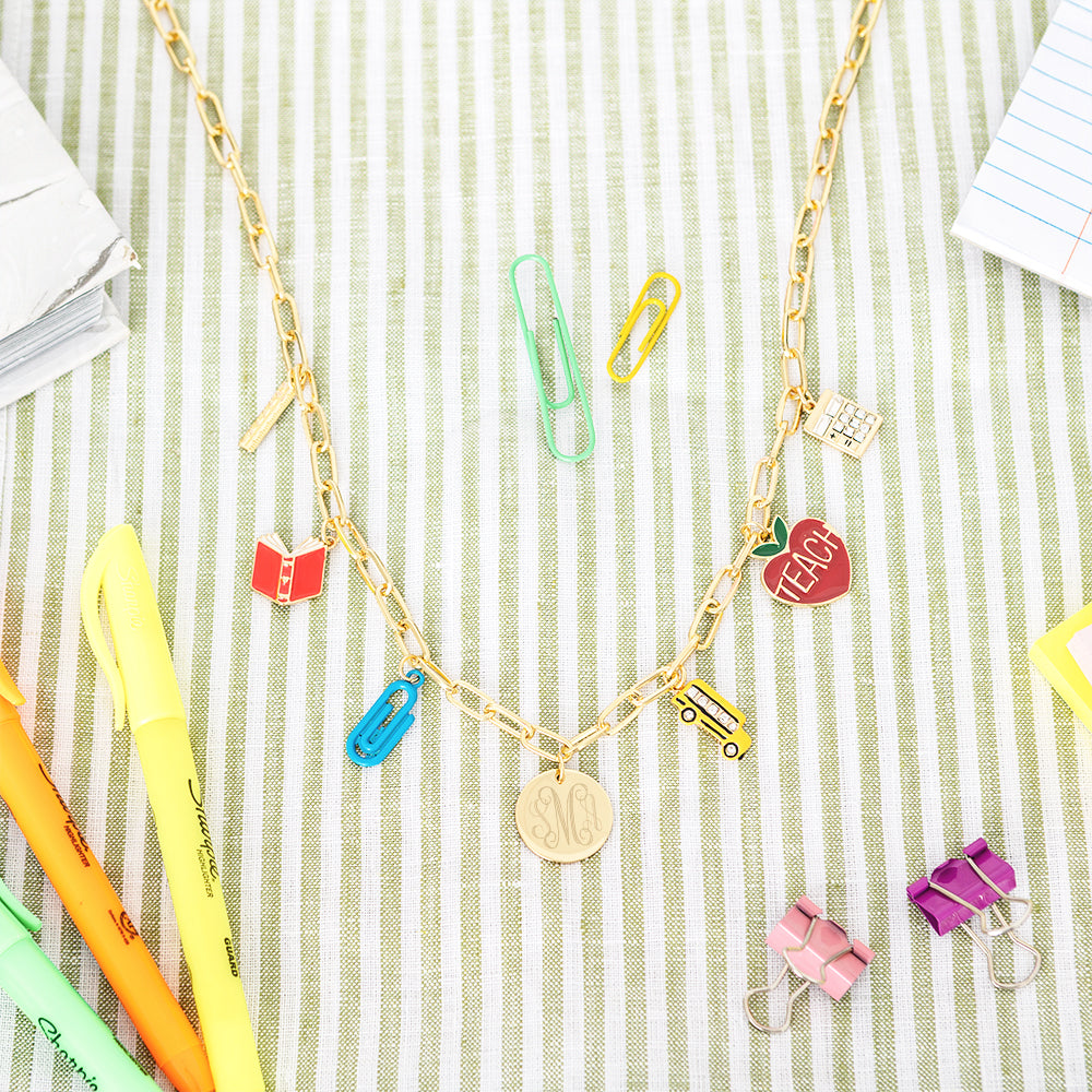 teacher charm necklace with school supplies