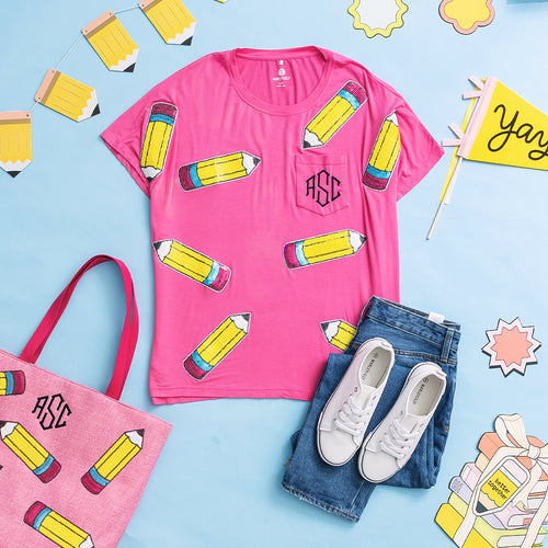 teacher ootd with sequin tee and tote bag in hot pink