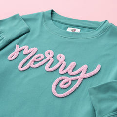 teal chenille merry sweatshirt up close