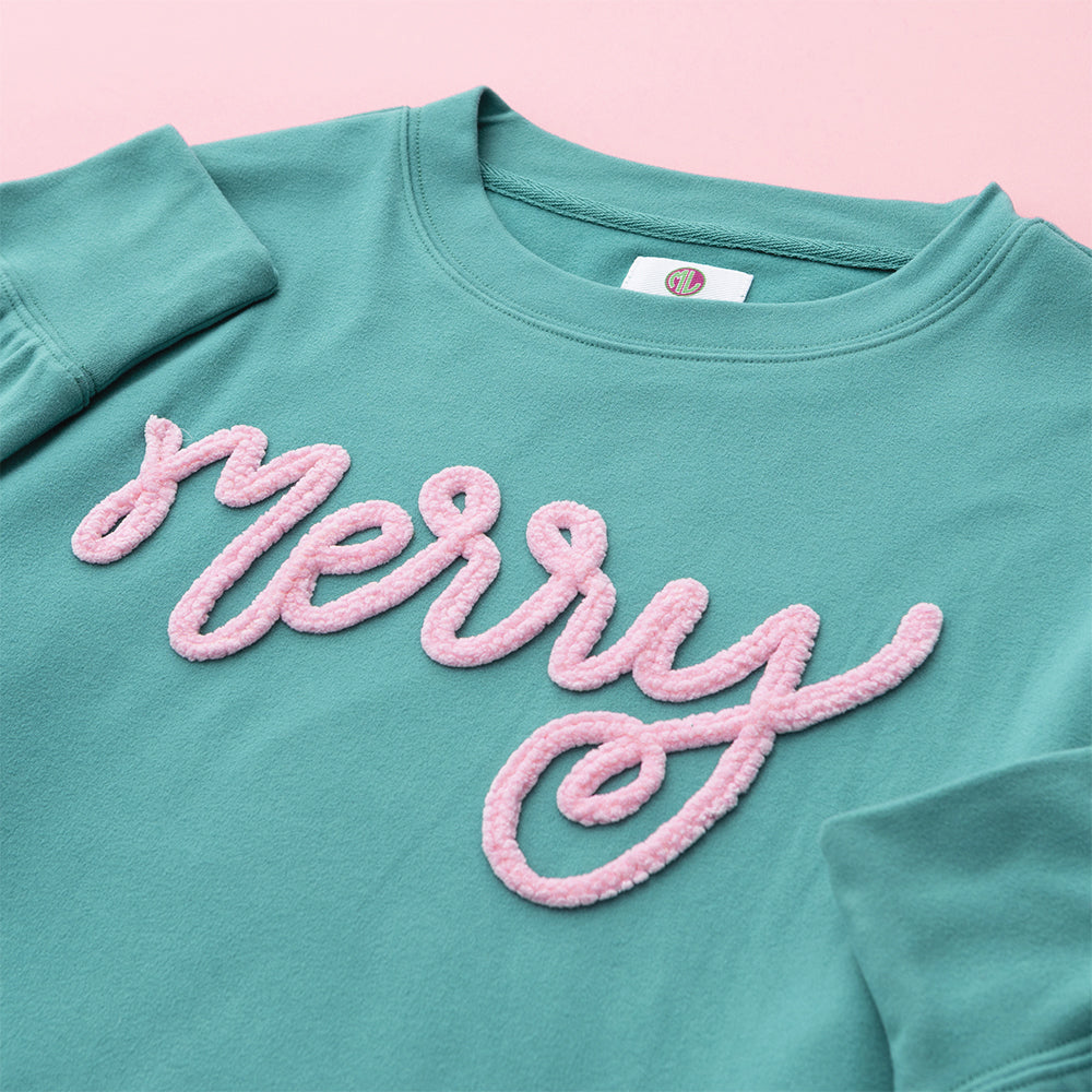 teal chenille merry sweatshirt up close