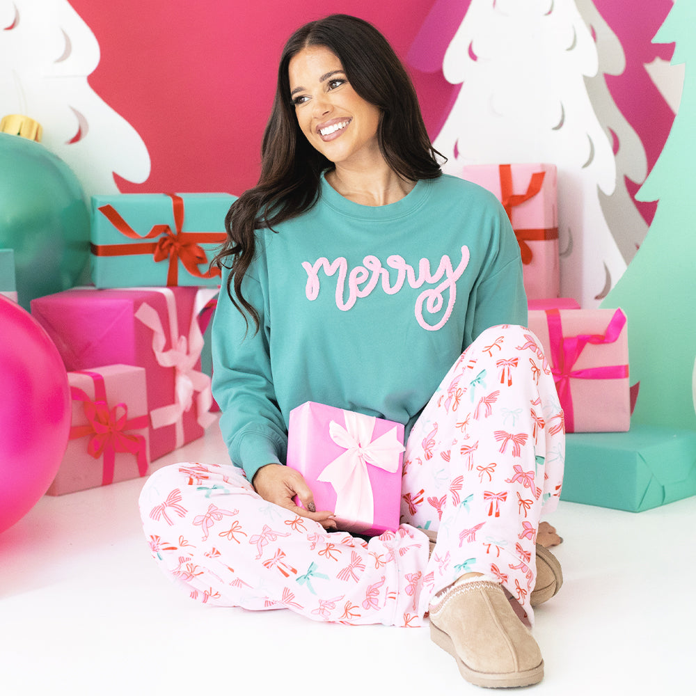 teal chenille merry sweatshirt with pajama pants