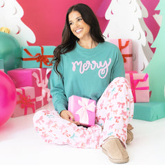 teal chenille merry sweatshirt with pajama pants