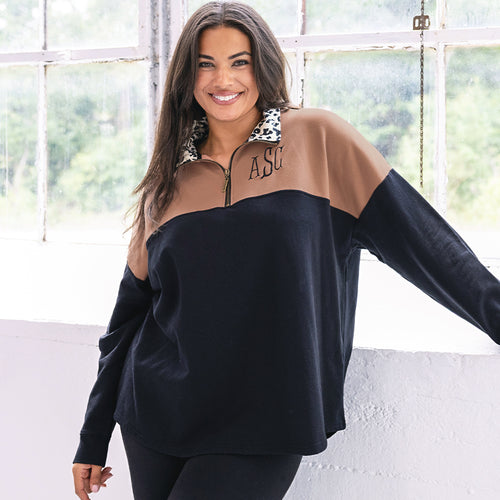 [julia-ann] girl wearing eclipse leopard quarter zip sweatshirt