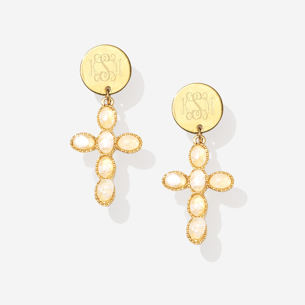 Monogrammed Cross Earrings | White