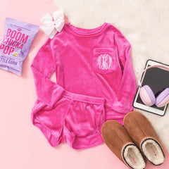 kids hot pink softspun monogrammed lounge set with moccasins