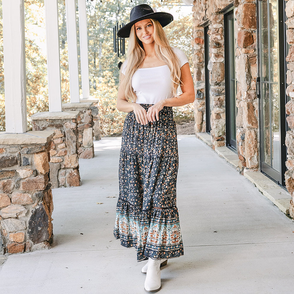 [Rachel] girl wearing midi skirt in black paisley