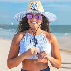 Monogrammed Straw Hat in Navy blue seersucker with swimsuit and dockside tank top