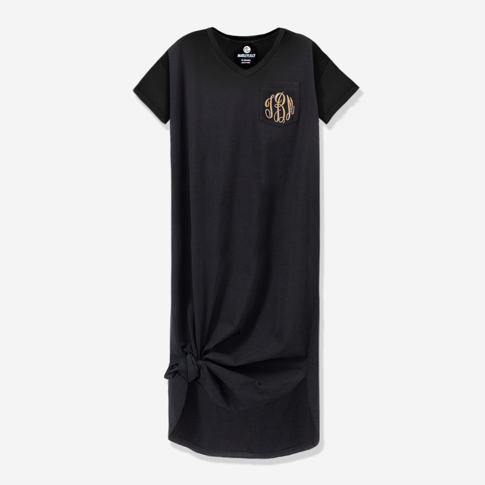 monogrammed black midi dress
