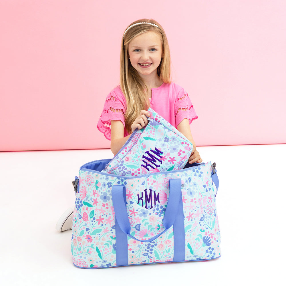 lavender blooms kids essentials pouch with weekend bag