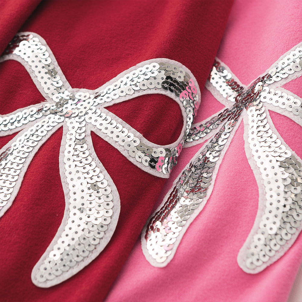 crimson and hot pink sequin bow sweatshirt detail shot