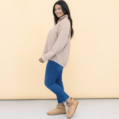 side of monogrammed heathered fleece pullover in tan